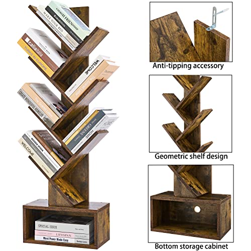 Hoctieon Rustic Brown 6-Tier Tree Bookshelf with Drawer - Stylish Freestanding Storage Solution for Home & Office Hoctieon