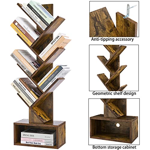 Hoctieon Rustic Brown 6-Tier Tree Bookshelf with Drawer - Stylish Freestanding Storage Solution for Home & Office - WoodArtSupply