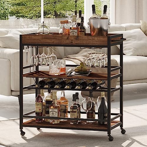 BON AUGURE Bar Cart for The Home, Rolling Home Bar Serving Cart on Wheels, 3 Tier Liquor Beverage Cart for Home Bar with Wine Rack and Glass Holder, Rustic Oak