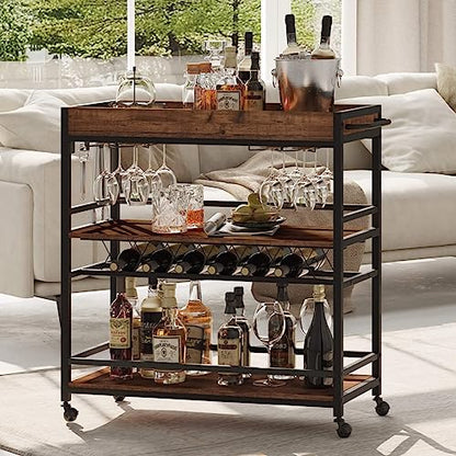 BON AUGURE Bar Cart for The Home, Rolling Home Bar Serving Cart on Wheels, 3 Tier Liquor Beverage Cart for Home Bar with Wine Rack and Glass Holder, Rustic Oak