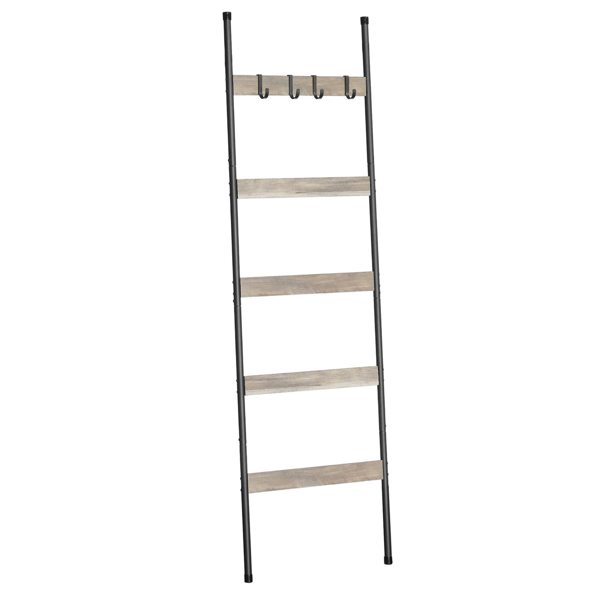 ELYKEN Blanket Ladder for Living Room, Farmhouse 5 -Tier Quilt Holder with 4 Removable Hooks for Bathroom, Wood Towel Rack Display, Wall Anchor Leaning Decorative Stand for Home Decor, White Oak ELYKEN