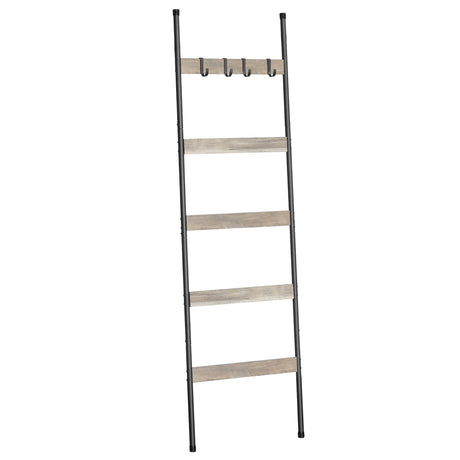 ELYKEN Blanket Ladder for Living Room, Farmhouse 5 -Tier Quilt Holder with 4 Removable Hooks for Bathroom, Wood Towel Rack Display, Wall Anchor Leaning Decorative Stand for Home Decor, White Oak ELYKEN