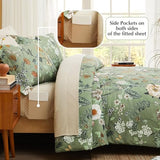 CASAAGUSTO Queen Comforter Set, 7 PCS Green Butterfly Floral Comforter Set with Flowers Leaves Pattern, Soft Seersucker Design All Season Queen Size Bedding Set(90"X90") CASAAGUSTO