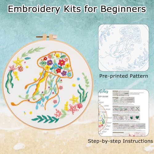 Louise Maelys Animal Embroidery Kit for Beginners-DIY Cross Stitch Starter Craft Kit for Adults Including Cloth with Pattern, Hoop, Needles Instruction and Threads（Jellyfish）