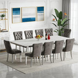 Goujxcy 11-Piece Extendable Dining Table Set for 10, 63-94.5" Faux Marble Kitchen Table Set with 10 Grey Tufted Chairs, Modern Expandable Dining Room Table for 6 8 10 with Mirrored Dual Column Base Goujxcy