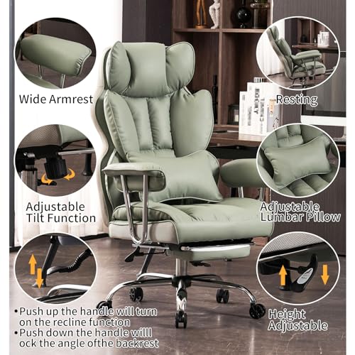 Efomao Big and Tall Office Chair 400lbs - Executive Office Chairs with Footrest, Heavy-Duty PU Leather Computer Chair for Heavy People, Light Green Home Office Desk Chairs Efomao