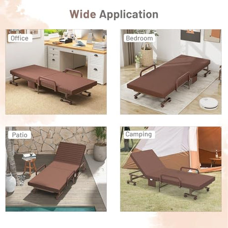 KOMFOTT Folding Rollaway Bed with Mattress for Adults, Portable Guest Bed with 6 Positions Adjustable Backrest, Foldable Reinforced Steel Frame Rolling Bed with Side Storage Pocket KOMFOTT