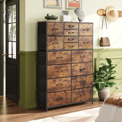 WLIVE 16 Drawers Dresser, Tall Dresser for Bedroom, Closet, Hallway, Storage Dresser Organizer unit, Large Dressers & Chests of Drawers with Fabric Bins, Rustic Brown Wood Grain Print WLIVE