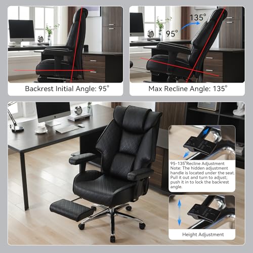 EXCEBET Big and Tall Office Chair with Footrest, PU Leather High Back Executive Office Chair 400lbs, Ergonomic Computer Chairs Lumbar Support for Heavy People (All Black) EXCEBET