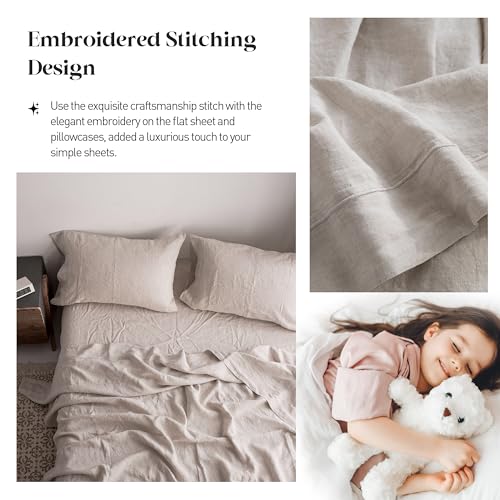 Simple&Opulence 100% Pure Linen Sheet Set Queen Size, Natural French Flax Solid Color 4 Pcs Washed Breathable, Farmhouse Bedding (1 Flat Sheet,1 Fitted Sheet,2 Pillowcases)-Embroidery Linen Simple&Opulence