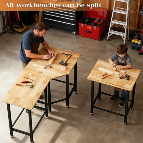 Betterhood 48"/60" Heavy-Duty Adjustable Workbench for Garage, Rubber Wood Shop Table,Hardwood Workstation Weight Capacity Over 1500 Lbs (Rubber Pad/Power Outlets/Ruler/63 x21.7 x35.8) Betterhood