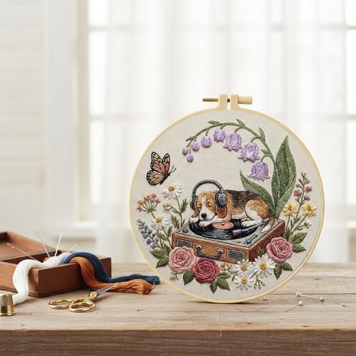 Needlework Embroidery Kit for Beginners,Dog and Record Player Pattern Handmade Cross Stitch Sewing Craft Kit,7.87 inch Hoop,Floss & Needles for Craft Lover Gifts 29 * 29cm