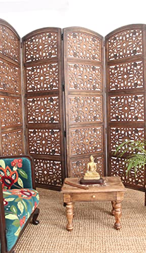 Room Divider Wood Screen - Rajasthan Antique Brown - 4 Panel Folding 72 x 80 - Intricate Hand Carved Decorative Functional Versatile Portable Partition Reversible Freestanding Privacy - COTTON CRAFT COTTON CRAFT