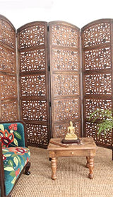 Room Divider Wood Screen - Rajasthan Antique Brown - 4 Panel Folding 72 x 80 - Intricate Hand Carved Decorative Functional Versatile Portable Partition Reversible Freestanding Privacy - COTTON CRAFT COTTON CRAFT