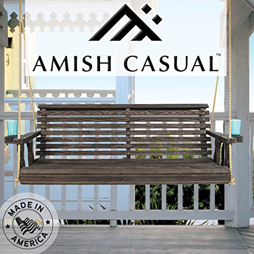 Amish Casual Heavy Duty 800 Lb Roll Back Treated Porch Swing with Hanging Ropes and Cupholders (5 Foot, Semi-Solid Black Stain) - WoodArtSupply