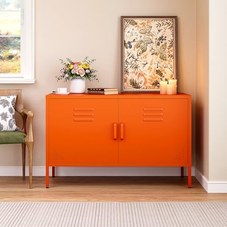 SISESOL Orange Metal Storage Cabinet with Doors and Shelves,2 Door Wide Metal Locker Accent Storage Cabinet with Leg & Vent Hole,Wide TV Cabinets,Low Side Cupboard for Home,Office,Dining/Living Room SISESOL