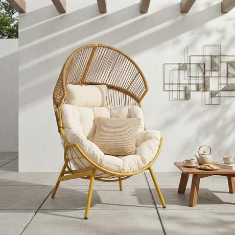 ONBRILL Egg Chair for Outdoor & Indoor, Patio Wicker Chair with Thick Cushion, Oversized Rattan Chairs for Balcony, Porch & Backyard, 450 LBS Heavy Duty & Comfy Basket Chairs for Living Room, Bedroom ONBRILL