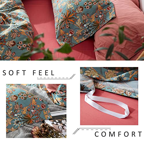 mixinni Vintage Style Garden Flower Queen Duvet Cover with Zipper Closure Soft Long Staple Percale Cotton Vibrant Pattern on Flower Bedding Quilt Cover Set(Queen, All Season) mixinni