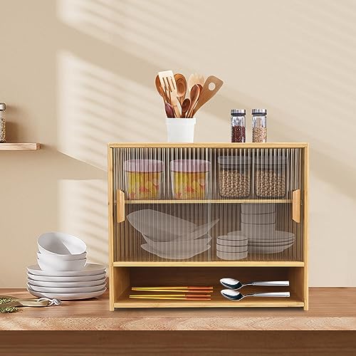 Bamboo Countertop Storage Cabinet with 2 Sliding Striped Glass Doors, Kitchen Cabinet Pantry Sideboard Freestanding Utility Cupboard for Spice Seasoning Bottles, Dish, Bowl (Wood Color) - WoodArtSupply