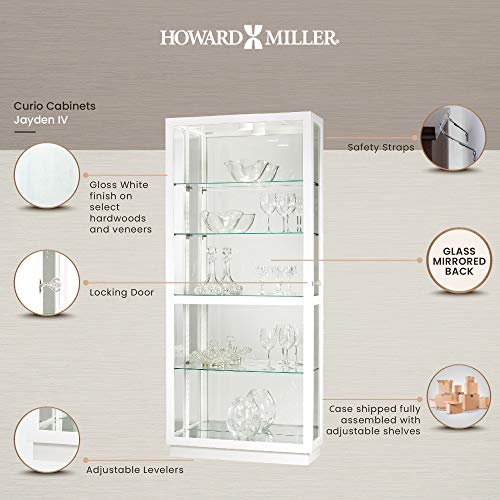 Howard Miller Jayden IV Curio Cabinet 680-574 – Hand-Rubbed Gloss White Finish Home Decor, Four Glass Shelves, Five Level Display Case, Locking Slide Door, LED Light Switch