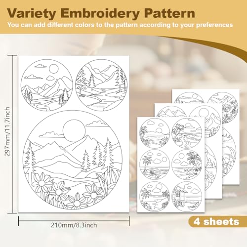 DOODLREAM 15pcs Natural Scenery Embroidery Kit, 8.3"x11.7" Water Soluble Stick & Stitch Embroidery Stickers, 4 Sheets, Mountain Sunset Hand Sewing DIY Embroidery Paper
