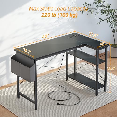 TIQLAB Small Computer Desk with Power Outlets, 40 Inch L Shaped Desk with Reversible Shelves, Gaming Desk Corner Desk Study Writing Table for Home Office Bedroom Living Room, Black TIQLAB