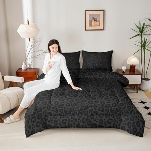 Castle Fairy Leopard Print Comforter Set Queen Size Cheetah Print Super Soft Bedding Set for Women Bedroom Decor,African Wildlife Animal Skin Comforter-3 Pieces,Retro Noble Duvet Insert,Black Grey Castle Fairy