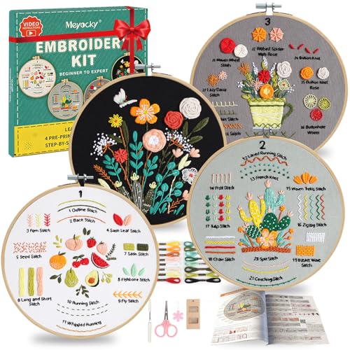 Meyocky Embroidery Kit for Beginners, 4 Pack Starter Embroidery Kits for Adults Learn 31 Stitches with Simple Patterns, Step-by-Step Video Stitch Practice Sampler Kit,Gift for Women Craft Lovers