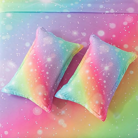 ADASMILE A & S Rainbow Fitted Bed Sheet for Kids 4 Pieces Rainbow Sheets Queen for Girls Pink Glitter Tie Dye Pastel Bed Set (1 Flat Sheet + 1 Deep Pocket Fitted Sheet and 2 Pillowcases) Bedroom Decor ADASMILE A & S