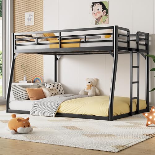 PVWIIK Metal Full XL Over Queen Bunk Bed w/Ladder and Safety Guardrail for Kids Teens Adults,Heavy-Duty Sturdy Bunk Bed,No Box Spring Needed,Black PVWIIK