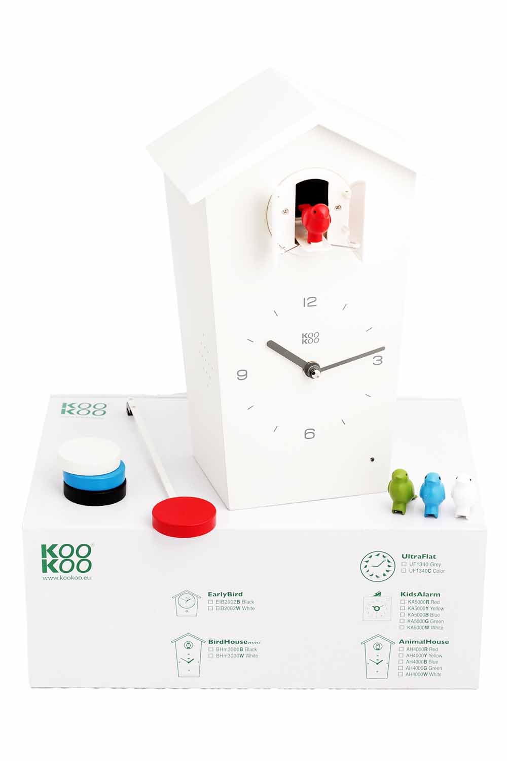 KOOKOO Birdhouse White, Modern Design Cuckoo Clock with 12 Natural Bird Voices or Cuckoo Call KOOKOO