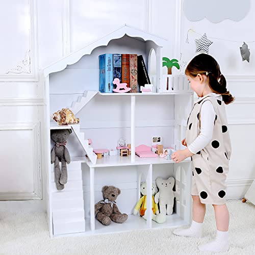 White Wooden Dollhouse Bookcase – Multi-Functional Toy and Book Storage Organizer for Kids WODENY