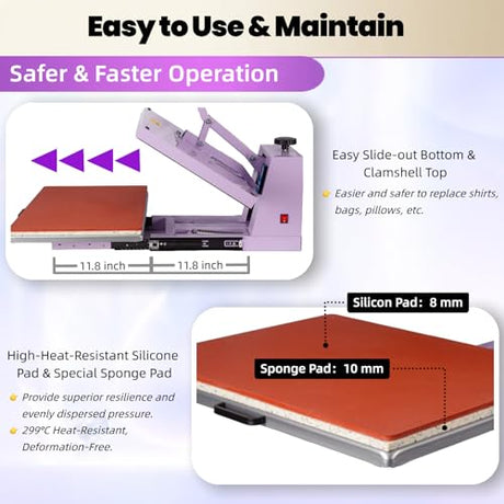 16x24 Heat Press Machine for T Shirts, 1.8-2kw, 72.77lbs High Pressure, Slide Out Sublimation Heat Transfer Press Suitable for Family or Small Business. (Purple, 16x24 Manual) Eonvest