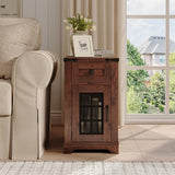 Fameill Farmhouse End Table with Charging Station & Led Lights,Narrow Sofa Side Table with Glass Barn Door & Drawer,Wood Rustic Nightstand Bedside Table for Living Room,Bedroom,Brown Fameill