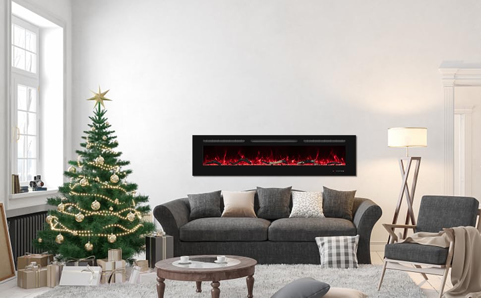 Oxhark Flame 48inch Electric Fireplace in Wall Recessed and Wall Mounted Fireplace Electric, 13 Flame Colors, Realistic Logs &Crystals Fuel Bed, Adjustable Temperature and Timer, 750W/1500W, Black Oxhark Flame