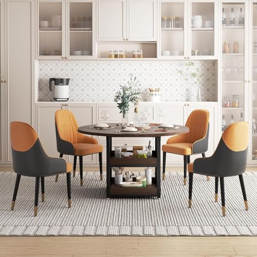 XINNQEE 5-Piece Round Dining Table Set for 4 with Storage, Kitchen Table with 4 PU Leather Chairs, Space Saving for Breakfast Nook, Dinette, Dining Room (Walnut Dining Table-4 Brown Chairs) XINNQEE