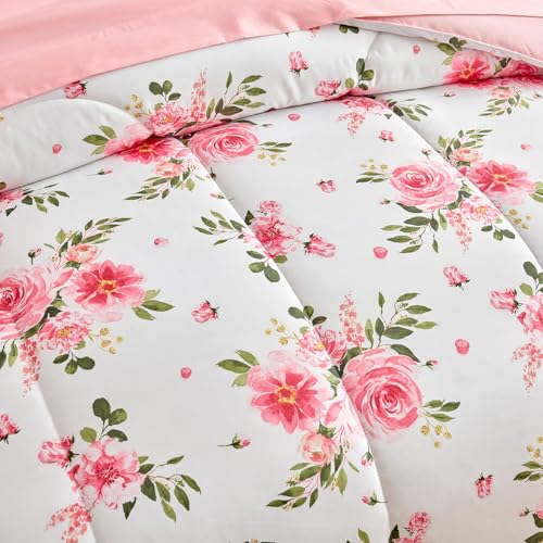Flower Comforter Sheet Set White Bed in a Bag 6 Pieces Twin Size Dark Pink Floral Microfiber Bedding Set (1 Comforter 2 Pillow Shams 1 Pink Flat Sheet 1 Fitted Sheet 1 Pillowcases) UOZZI BEDDING
