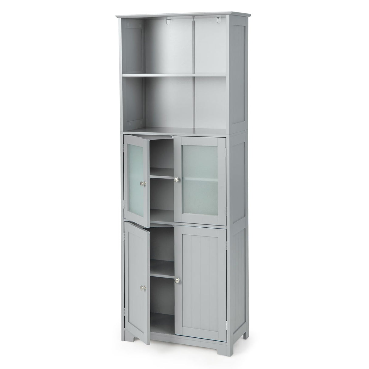 COSTWAY 64” Grey Freestanding Bathroom Storage Cabinet with Glass Doors and Adjustable Shelves COSTWAY