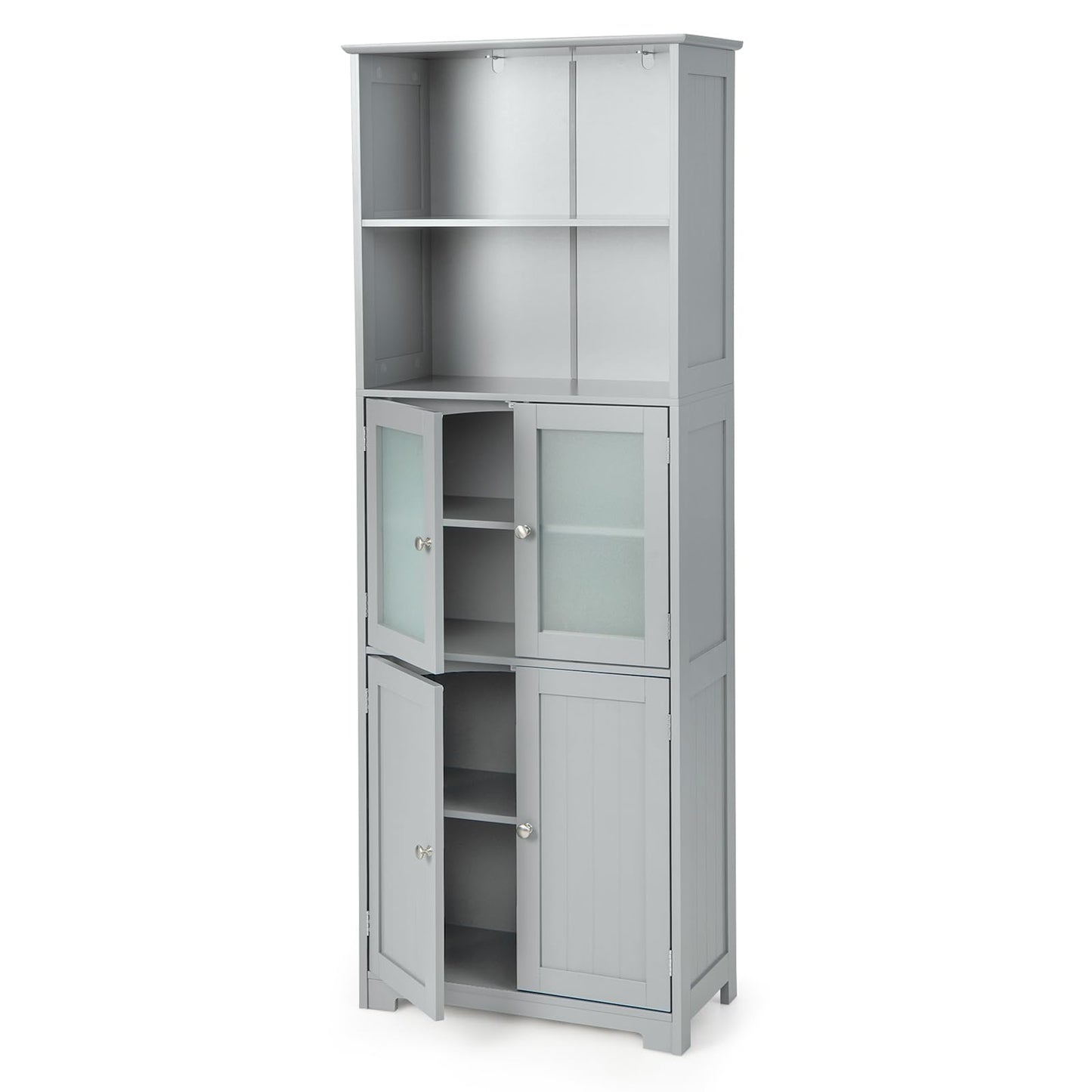 COSTWAY Tall Bathroom Storage Cabinet, Freestanding Kitchen Pantry Cabinet with Glass Doors and Adjustable Shelf, 64” Wooden Linen Floor Cabinet for Bathroom, Living Room, Kitchen (Grey)