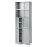 COSTWAY 64” Grey Freestanding Bathroom Storage Cabinet with Glass Doors and Adjustable Shelves COSTWAY