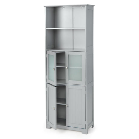 COSTWAY 64” Grey Freestanding Bathroom Storage Cabinet with Glass Doors and Adjustable Shelves COSTWAY