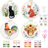 ORIGACH 4 Pcs Flower and Animal Embroidery Kit for Beginners, Stamped Design Embroidery Starter Kit Includes Cloth, Hoops, Threads & Needles