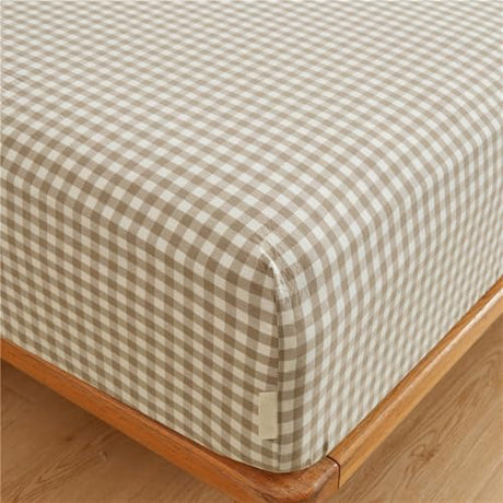 Tan Gingham Fitted Sheet Queen 100% Washed Cotton Taupe Plaid Queen Bed Sheet Grid Single Bottom Sheet with 15" Deep Pocket Gingham Bedding Grid Sheet 1 Piece Cotton Breathable Mattress Cover LifeTB