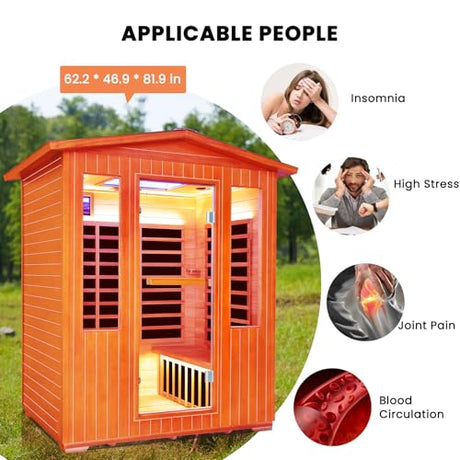 Outdoor Sauna 4 Person Infrared Saunas Outdoor Dry Sauna Room Wood Wooden Sauna Canadian Fir Red Cedar Low EMF 2600W/240V with Oxygen Bar, 7 Color Light, Control Panel, Speaker - 62.2" x 46.9" x 81.9" HOSAUNA