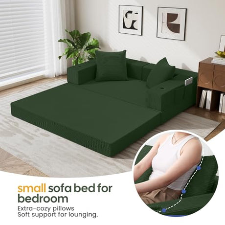COMAX Futon Sofa Bed, 4‑in‑1 Convertible Sofa Bed, Folding Boneless Couches for Living Room, Fold Out Small Foldable Loveseat Floor Sleeper Comfy Mattress Lounge Space‑Saving, Green COMAX