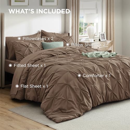 Bedsure King Size Comforter Set Brown - Bed in a Bag Bedding Set 7 Pieces, GentleSoft™ Pintuck Bed Set Gift for Family, Pinch Pleat Brown Comforter with Sheets, Pillowcases & Shams Bedsure