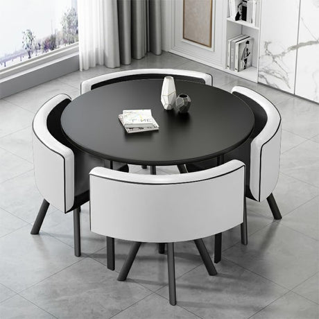 LITFAD Dining Room Table and Chairs for 4 Modern Coffee Table Set with 4 Upholstered Chairs Negotiating Table Set - 5 Piece Set Black Round Table & Black-White Chair(s) 31.5" L x 31.5" W x 29.5" H LITFAD