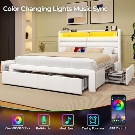 Seventable Full Size Bed Frame with 4 Storage Drawers & Charging Station, Upholstered Platform Bed with Storage Headboard and LED Light, No Box Spring Needed, Noise Free, Easy Assembly, Cream White Seventable