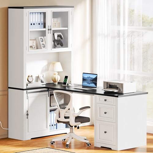 YITAHOME L Shaped Executive Desk with Hutch and Drawers, Farmhouse Home Office Desk with Power Outlet, Wood Corner Computer Desk with Sliding Door, Storage Cabinet with Glass Door, White & Black YITAHOME