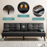 Meilocar 64" Futon Sofa Bed, Small Loveseat with 2 Cup Holders, Small Couch with 3 Adjustable Angles & Removable Armrest, Modern Sleeper Sofa for Apartment, Office (PU Leather, Black) Meilocar